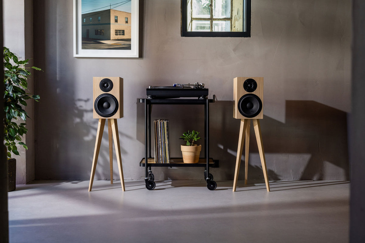 To B7 i lys eg på standere med en pladespiller i et lyst rum